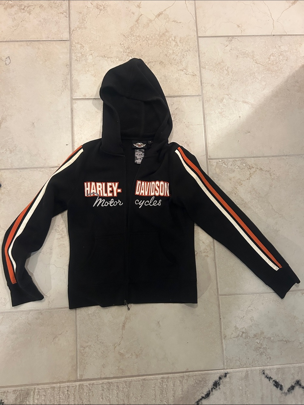 Harley-Davidson Black Hoodie with Orange and Cream Sleeve Stripes
